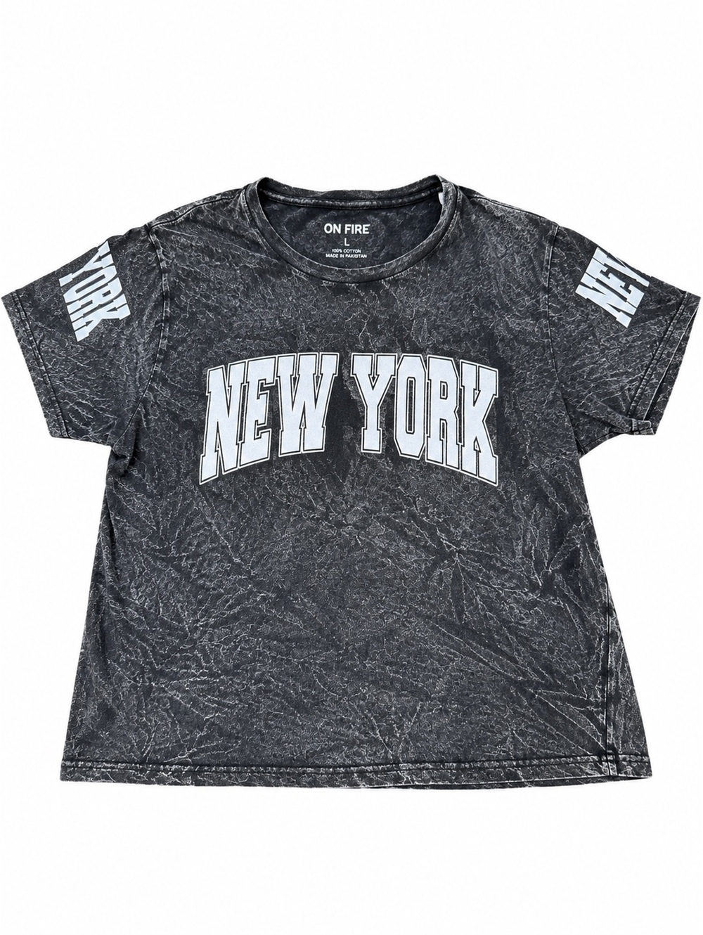 ON FIRE New York Acid Wash Graphic T-Shirt L Oversized Vintage Streetwear Tee